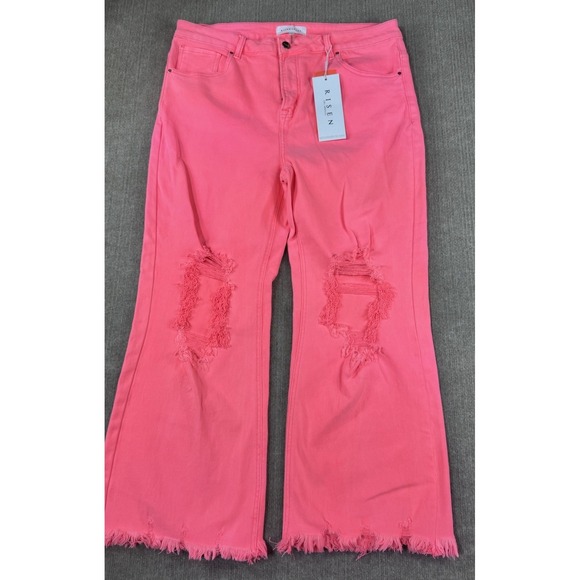 Risen Jeans Denim - Risen 2XL High Rise Distressed Flare Jeans Pink Barbie Punk Rock Statement